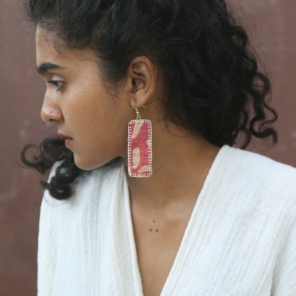 Upcycled Kantha Fabric Patch Earrings - Picture 1 of 3